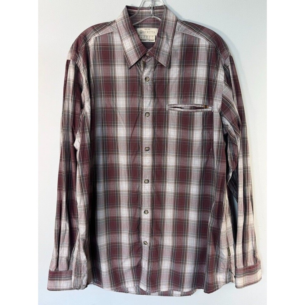 Beretta Burgundy White Plaid Long Sleeve Button Down Shirt L Utility Work Farm